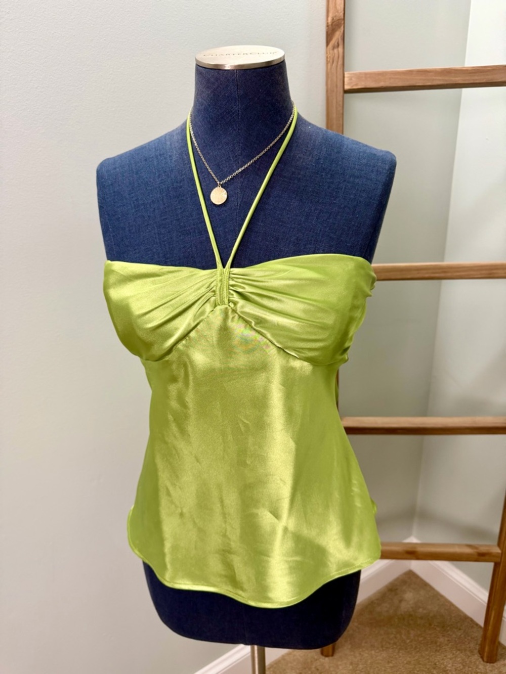 Vintage Y2K Love & Let Love Green Fairy Core Silk Halter Tie Top Size Medium